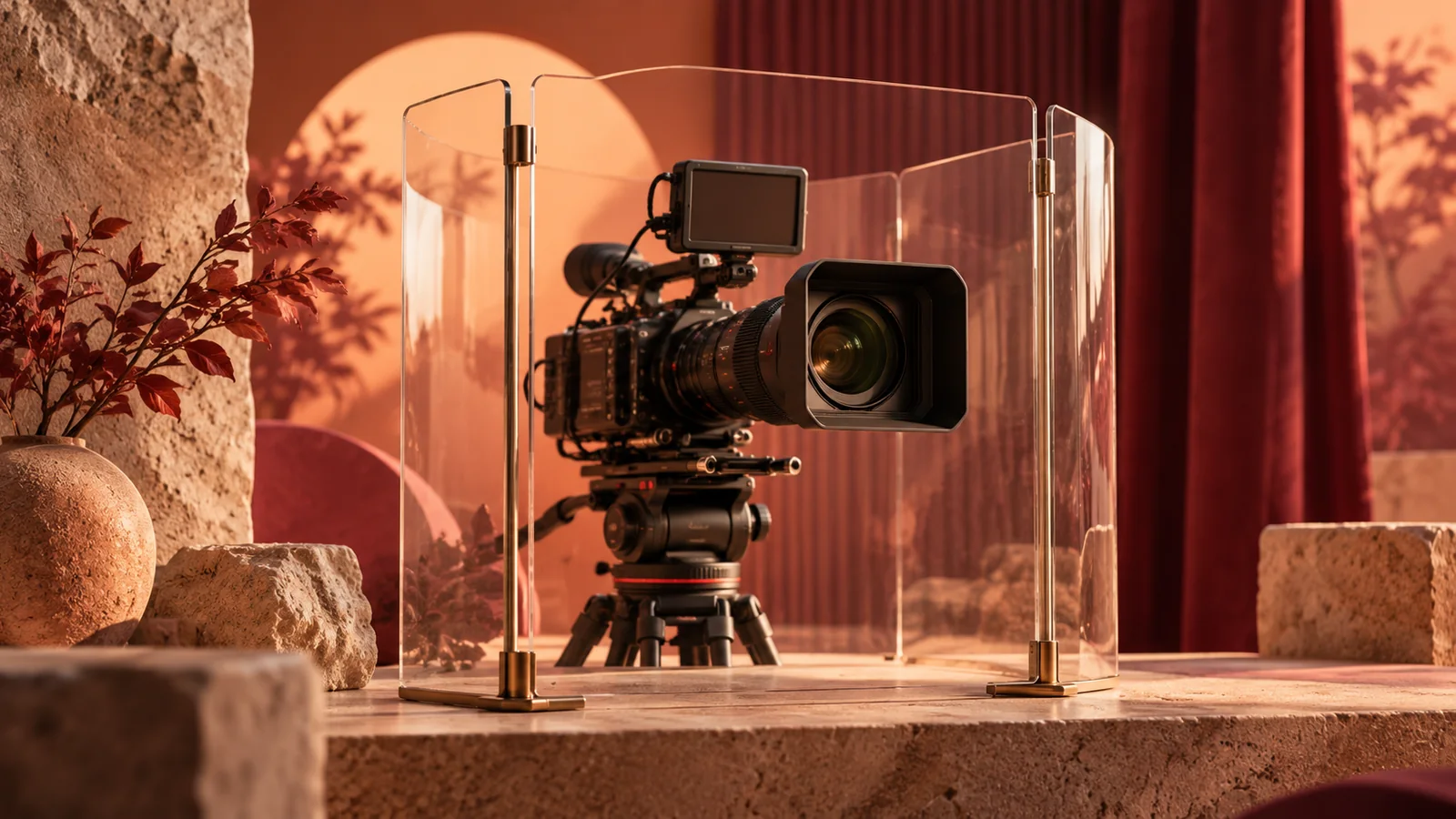 A camera behind a transparent protective studio screen.