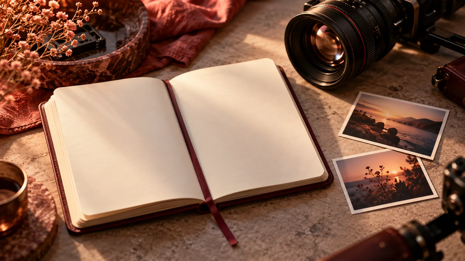 A filmmaking notebook and a camera lens on an editorial workbench.