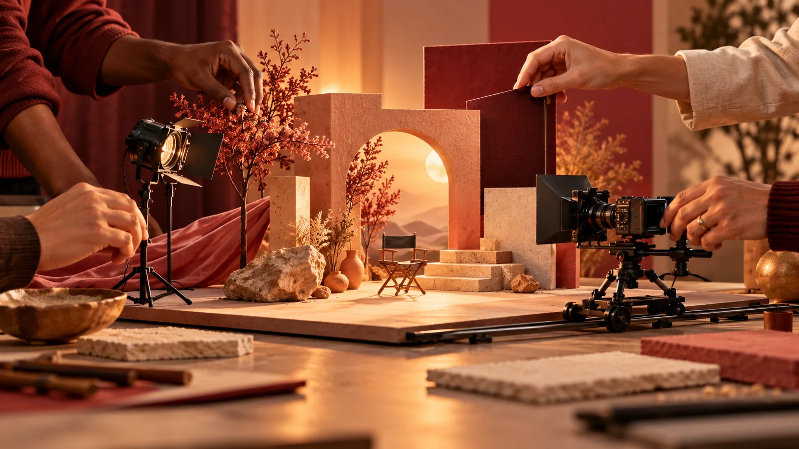 Creators collaborate around a miniature film set.