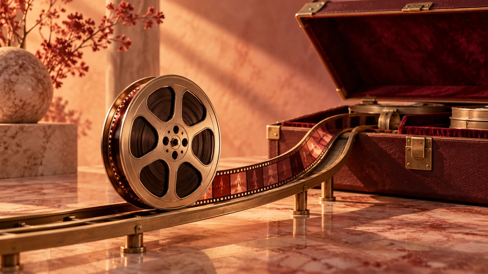A film reel returns along a curved track toward an archival case.