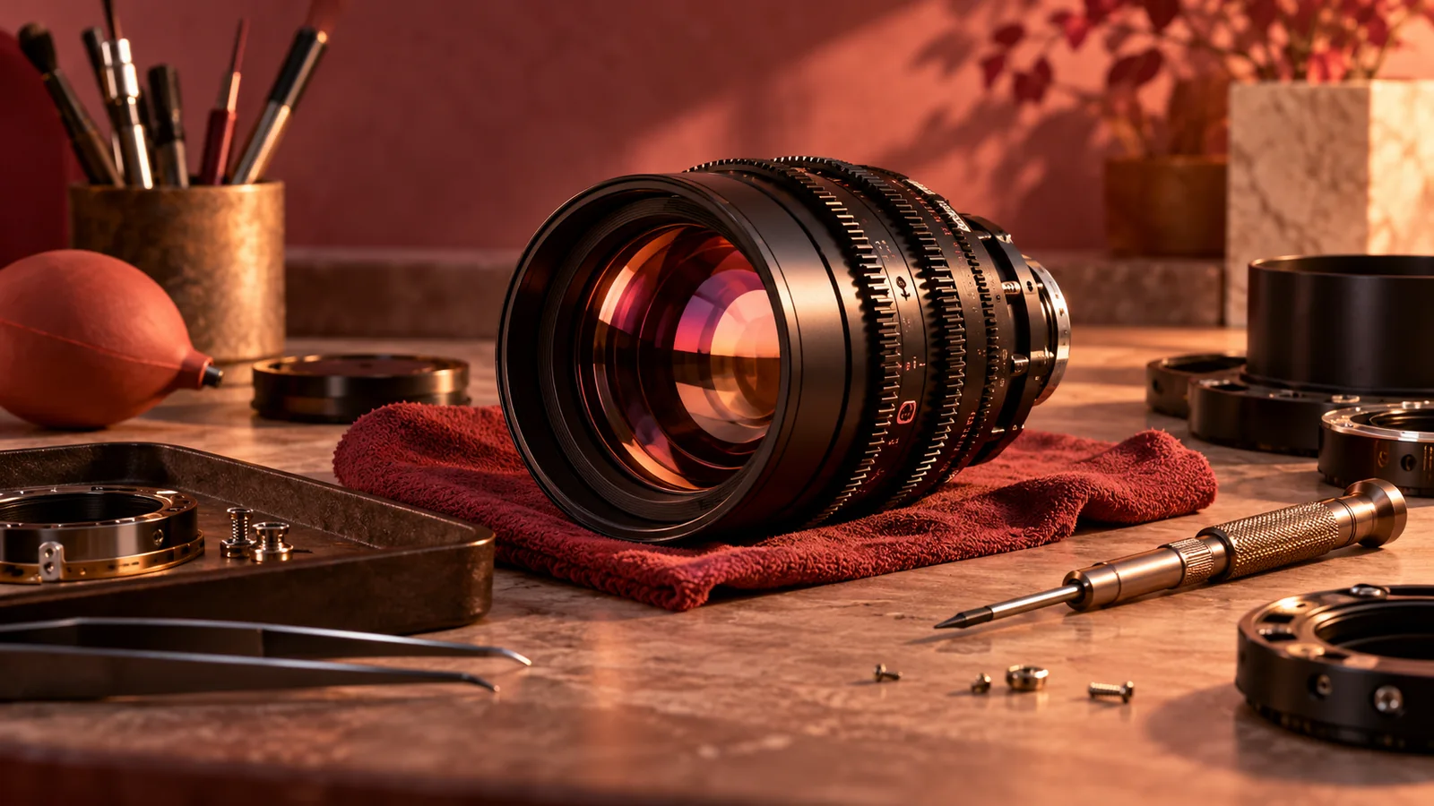 A camera lens and precision tools on a repair workbench.